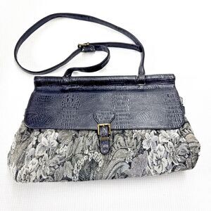 Black Crocodile-Embossed Faux Leather and Floral Tapestry Shoulder Bag - Boho